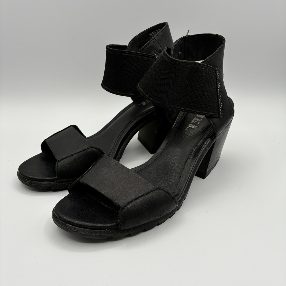 Sorel Nadia Ankle Strap Sandal Womens 9  40 Black Leather Block Heel NL3237-010